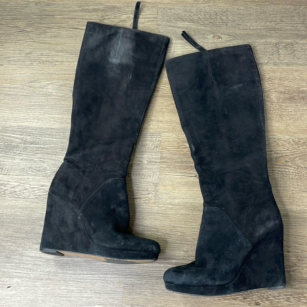 Nine West Women’s Black Suede Harvee Wedge Knee High Tall Boot, size 8